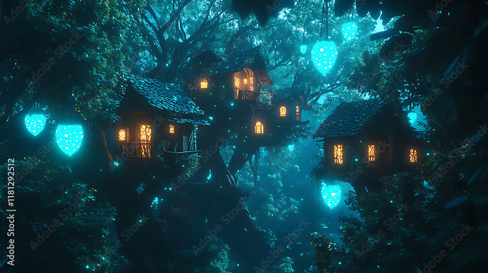 Obraz premium Enchanted treehouses illuminated in a mystical forest setting.