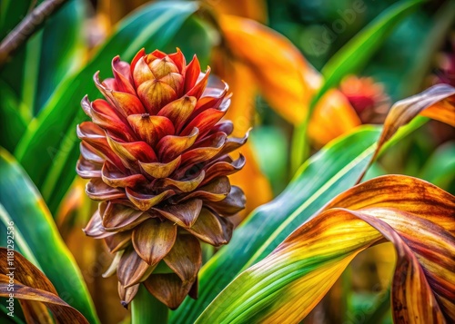 Intricate Costus spicatus spiral, a close-up revealing the striking detail of this ginger plant. photo