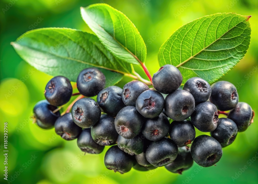 Juicy black aronia berries burst from vibrant green leaves, a close-up nature's bounty. Juicy black aronia berries burst from vibrant green leaves, a close-up nature's bounty.