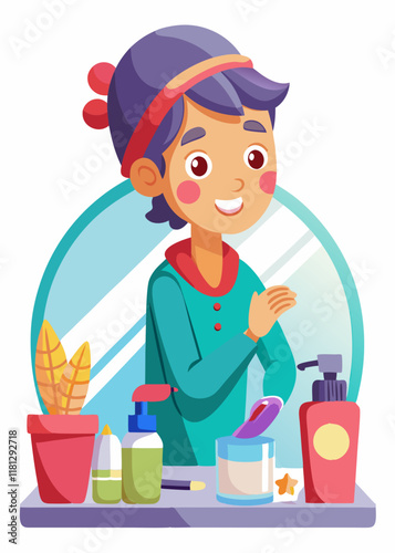 Teenage boy applying skincare products on face. Young teen using face wash, toner, and serum for daily self-care and grooming.