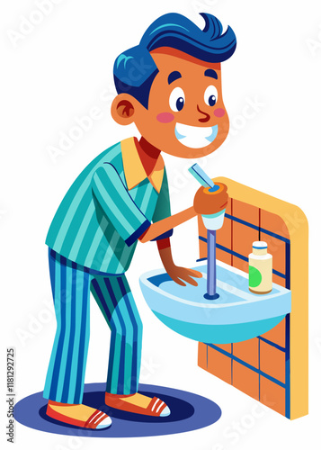 Teenager brushing teeth at bathroom sink. Young boy practicing oral hygiene, smiling in mirror while using toothbrush, morning routine in clean modern restroom.

