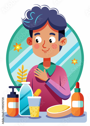 Teenage boy applying skincare products on face. Young teen using face wash, toner, and serum for daily self-care and grooming.