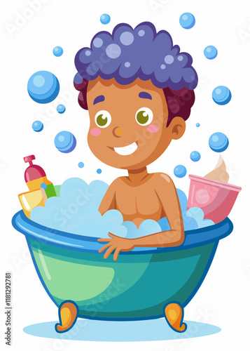 Teenager taking a bath with bubbles and bath toys, relaxing in bathtub, enjoying warm water, hygiene and self-care routine.
