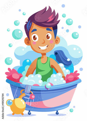 Teenager taking a bath with bubbles and bath toys, relaxing in bathtub, enjoying warm water, hygiene and self-care routine.
