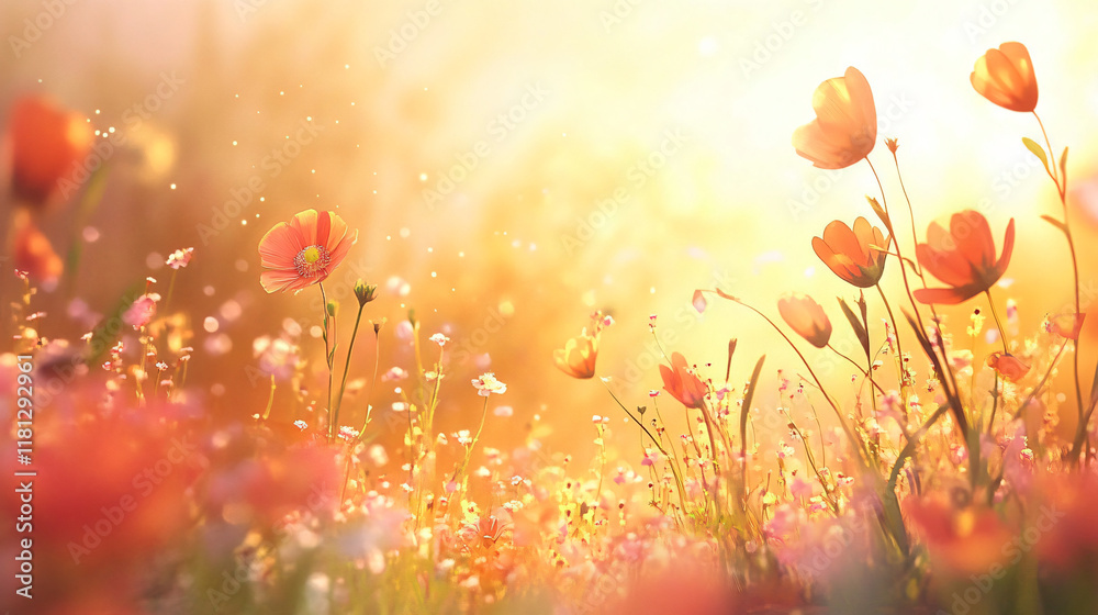 Fototapeta premium An apricot breeze gently moving through a meadow, with flowers swaying in the soft wind.