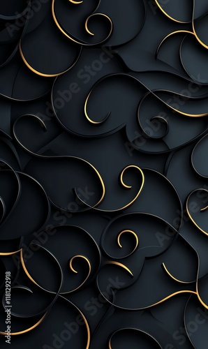 An artistic design featuring intricate black swirls with golden accents, creating a modern and elegant abstract backdrop suitable for various creative projects. photo