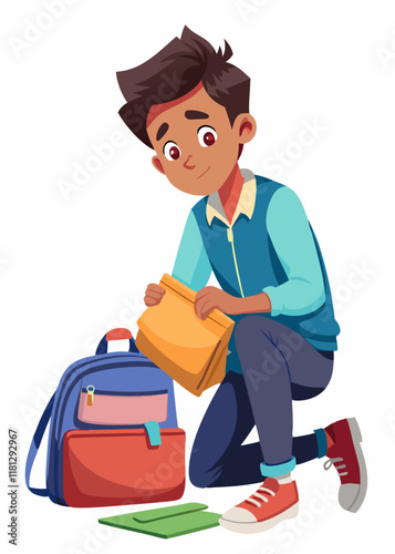Teenager organizing school backpack, packing books and supplies for class