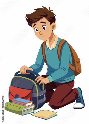 Teenager organizing school backpack, packing books and supplies for class