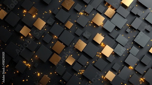 An abstract composition featuring a blend of black and gold squares, creating a modern and stylish visual. Perfect for backgrounds, digital art projects, and contemporary designs. photo