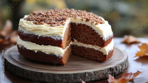 Wallpaper Mural Classic carrot cake with cream cheese frosting, sliced and served on a wooden board with autumnal leaves in the background Torontodigital.ca