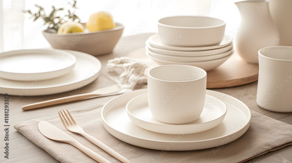 Minimalist white ceramic tableware set including plates, bowls, mugs, and cups, offering an elegant and modern style for any dining room Minimalist white ceramic tableware set including plates, bowls, mugs, and cups, offering an elegant and modern style for any dining room