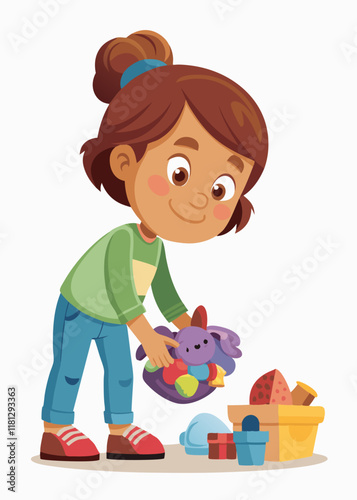 Cute little girl tidying up her toys. Adorable child organizing stuffed animals and building blocks, learning responsibility and cleanliness in a fun way.