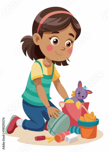 Cute little girl tidying up her toys. Adorable child organizing stuffed animals and building blocks, learning responsibility and cleanliness in a fun way.