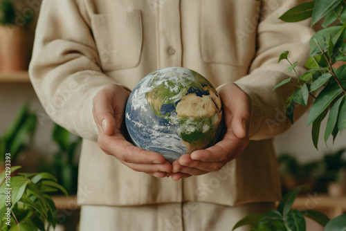 Hands cradling the Earth, symbolizing the need to protect and nurture the planet for future generations. photo