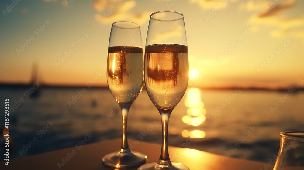 A pair of champagne glasses clinking with a romantic sunset in the background. A pair of champagne glasses clinking with a romantic sunset in the background.