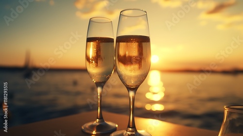 A pair of champagne glasses clinking with a romantic sunset in the background.