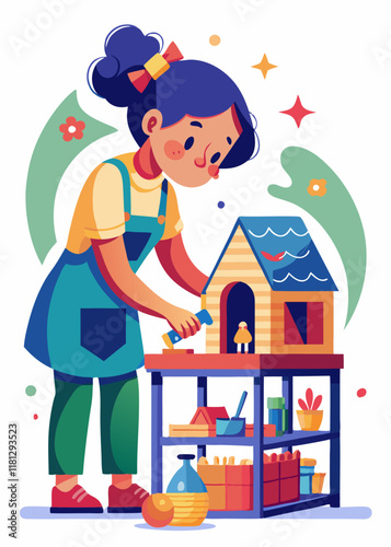 Cute girl setting up a dollhouse with toys. Adorable child playing with miniature furniture and tiny figurines, arranging a toy home with creativity and joy.