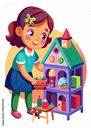 Cute girl setting up a dollhouse with toys. Adorable child playing with miniature furniture and tiny figurines, arranging a toy home with creativity and joy.