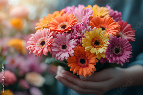 A pair of hands gently offering a vibrant bouquet of flowers, symbolizing love and appreciation, set against a soft, pastel background that enhances the warmth of the gesture.