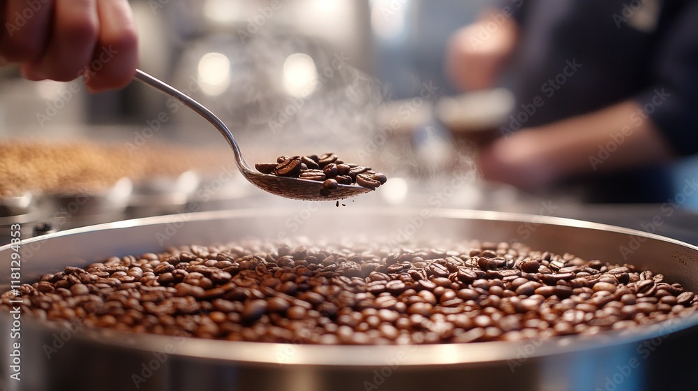 Close-up of a spoon breaking the crust during a coffee cupping session, with steam rising and an assortment of coffee beans in the background Close-up of a spoon breaking the crust during a coffee cupping session, with steam rising and an assortment of coffee beans in the background