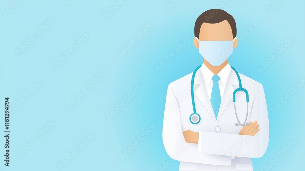 Medical Professional in White Coat and Mask with Stethoscope on Blue Medical Professional in White Coat and Mask with Stethoscope on Blue