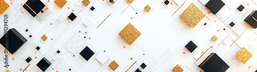 A modern abstract design featuring a blend of gold, black, and white geometric shapes, creating a visually appealing composition suitable for digital and print media.