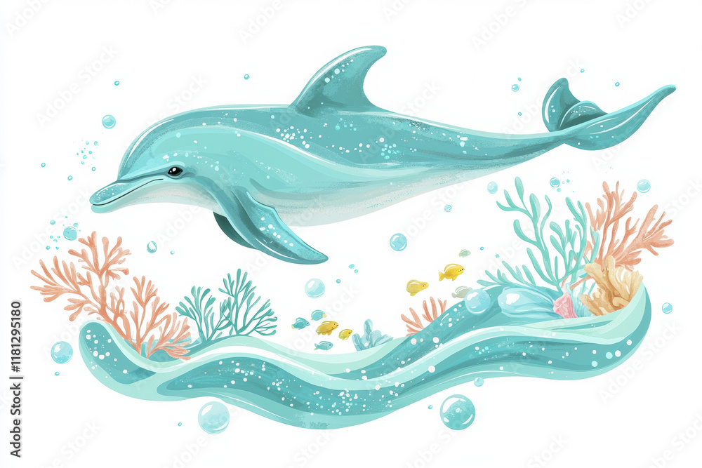 Dolphin swimming in ocean with coral and bubbles, vibrant underwater scene