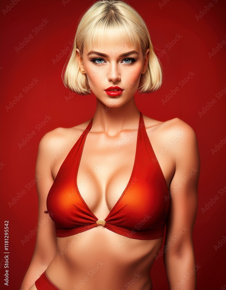 studio portrait of a blonde woman with short hair wearing a red bikini on red background, fashion photography studio portrait of a blonde woman with short hair wearing a red bikini on red background, fashion photography