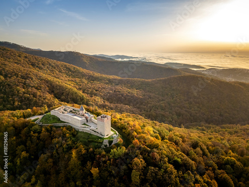 Aerial view of medvedgrad castle surrounded by beautiful autumn foliage and serene hills, Zagreb, Croatia. photo