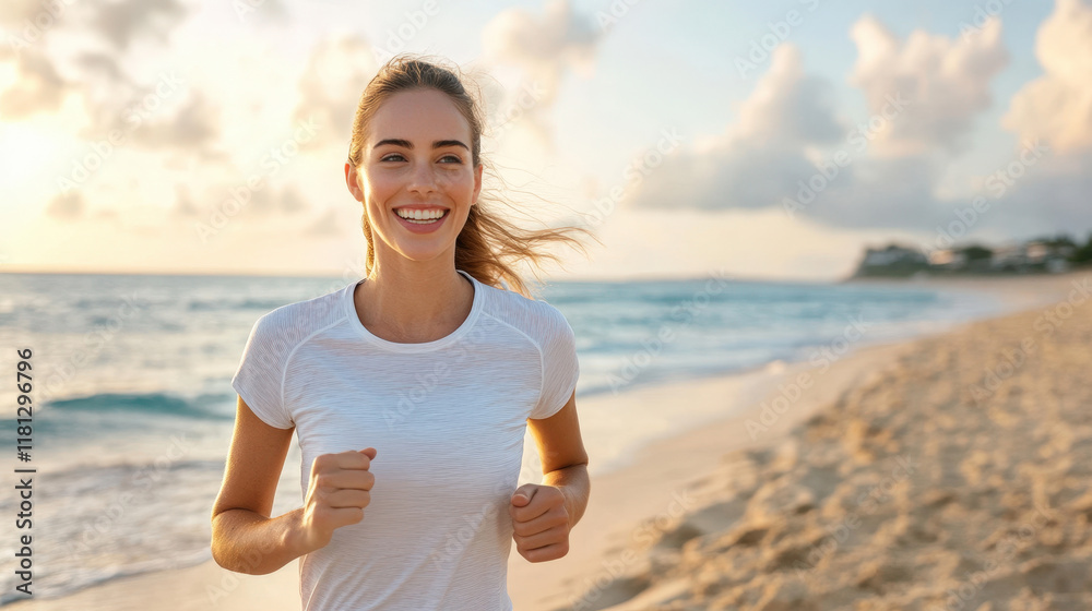 Happy Young Woman Jogging Along the Beach at Sunrise Happy Young Woman Jogging Along the Beach at Sunrise