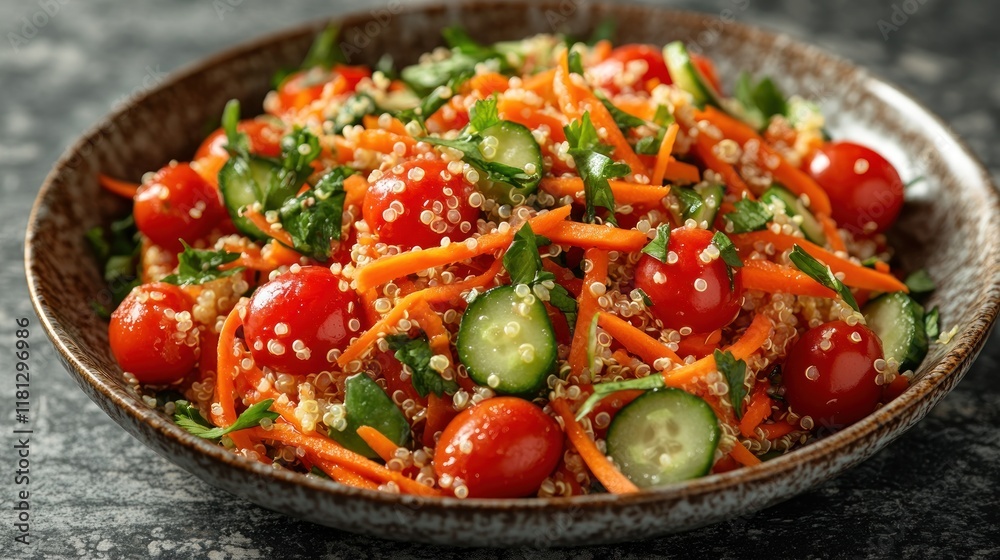 Colorful salad with quinoa, cherry tomatoes, cucumbers, and shredded carrots on a rustic plate, capturing a bright, healthful aesthetic Colorful salad with quinoa, cherry tomatoes, cucumbers, and shredded carrots on a rustic plate, capturing a bright, healthful aesthetic