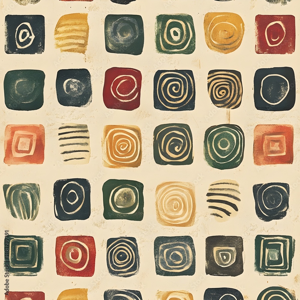 A seamless pattern of handmade stamps in earthy tones on kraft paper. A seamless pattern of handmade stamps in earthy tones on kraft paper.