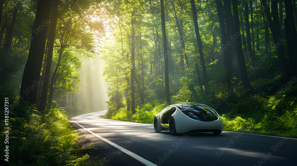 Obraz premium EV car, Electric car or hydrogen energy car on road midst forest and natural. Environmental friendly travel. Sustainable transportation and green logistic to Net zero carbon emission for Save earth