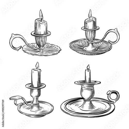 antique candlestick brass, vintage candle holder vector line art hand drawn illustration set collection