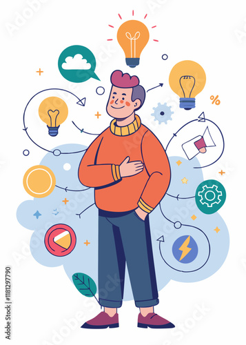 Young entrepreneur brainstorming business ideas in a baggy sweater. Creative thinker surrounded by thought bubbles, arrows, and business icons pointing to a central concept.

