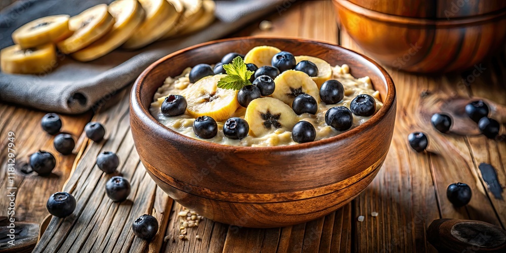 Nourishing vegan oatmeal, topped with sweet banana and tart black currants. A healthy breakfast bowl, beautifully photographed. Nourishing vegan oatmeal, topped with sweet banana and tart black currants. A healthy breakfast bowl, beautifully photographed.