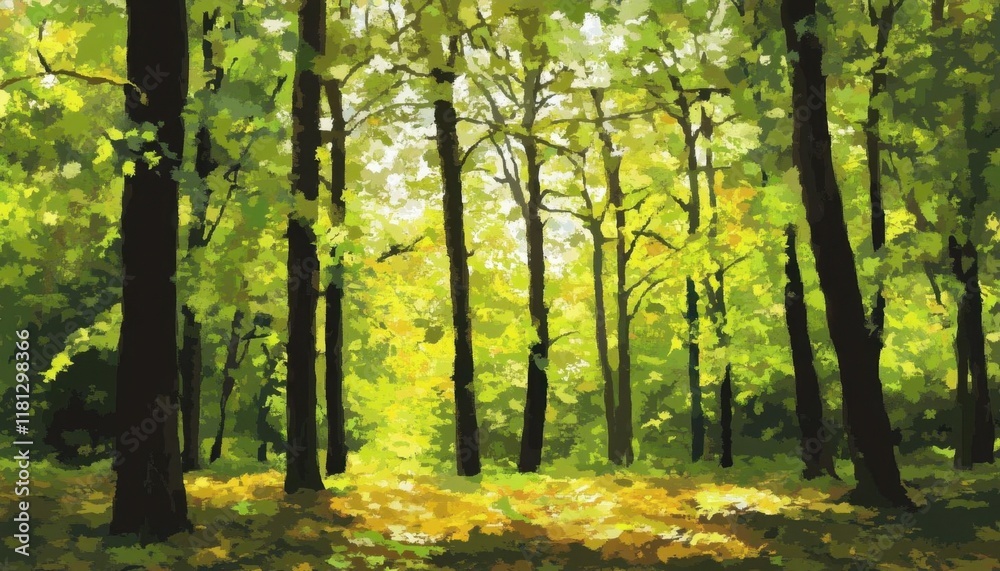 Naklejka premium A serene forest scene with vibrant green trees and sunlight filtering through.