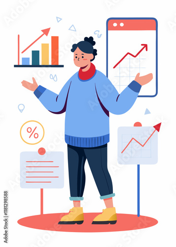 Person in oversized sweater discussing strategies to address business decline, with visuals showing decline areas, red arrows, and action plans.
