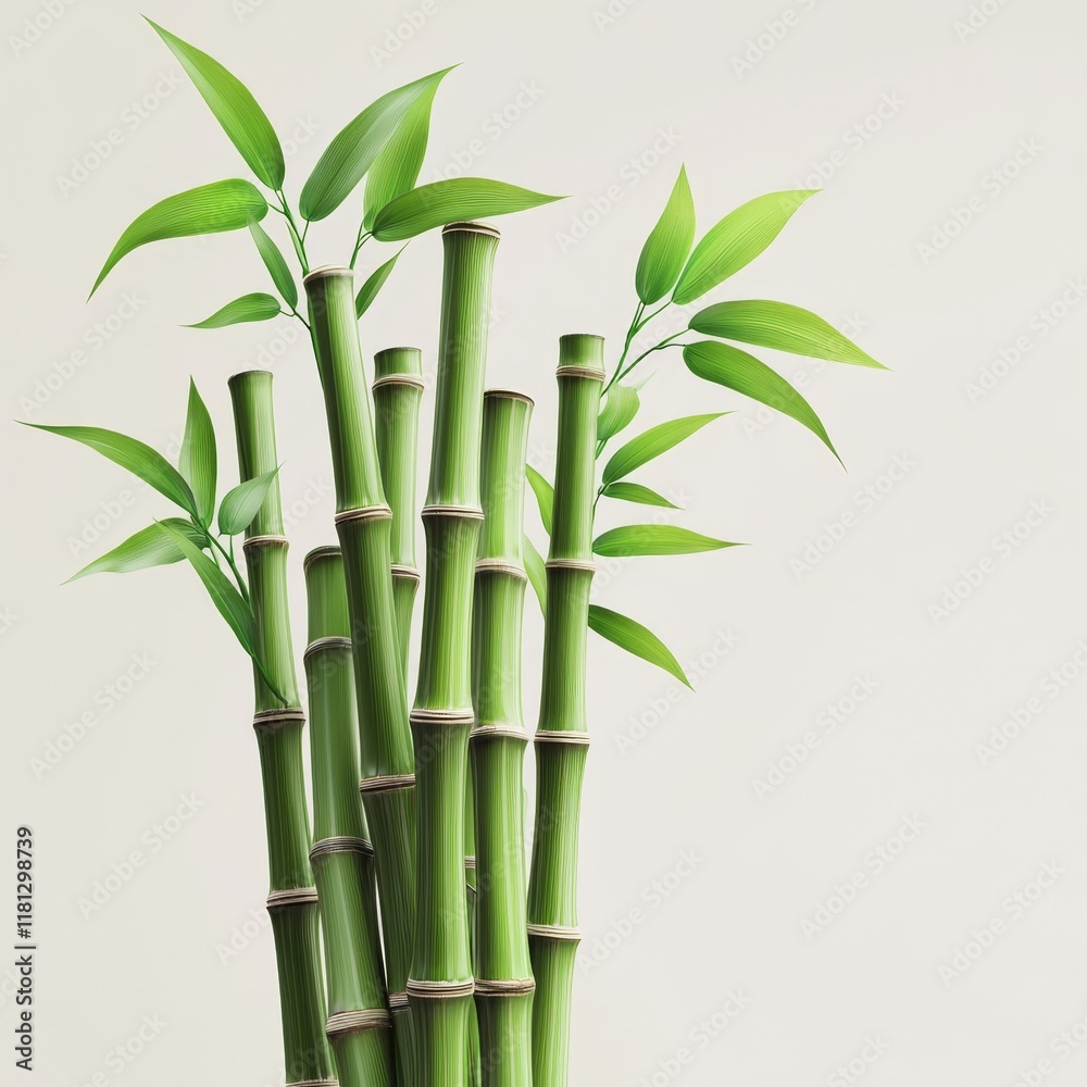 Obraz premium Fresh Green Bamboo Stalks with Lush Leaves on Light Background