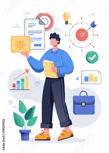 Professional in baggy attire reviewing a business innovation proposal, with documents displaying new concepts, arrows highlighting key elements, and visual trends.
