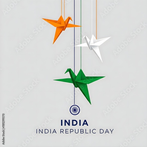 Minimalist India Republic Day Illustration with Origami Birds and Ashoka Chakra