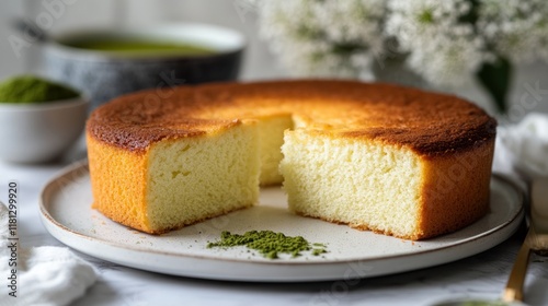 Fluffy castella cake with a golden brown top and soft, airy texture, sliced and arranged on a minimalist white plate with a hint of matcha powder photo