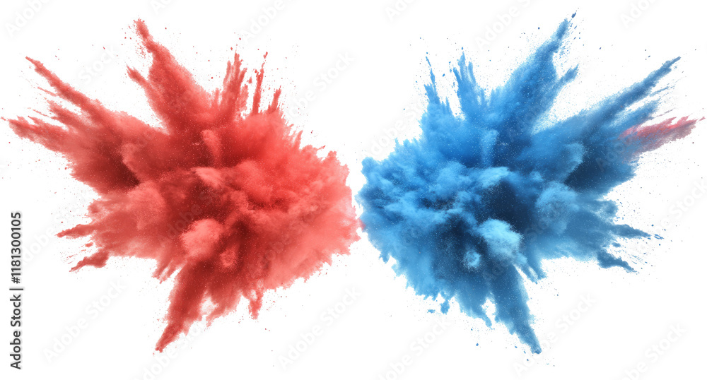 bright red and blue paint color powder festival explosion burst isolated white background. bright red and blue paint color powder festival explosion burst isolated white background.