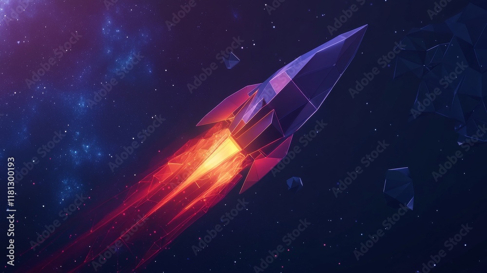A blue rocket soaring into the vast expanse of space, a polygon mesh with connecting dots and lines on a dark blue background A blue rocket soaring into the vast expanse of space, a polygon mesh with connecting dots and lines on a dark blue background