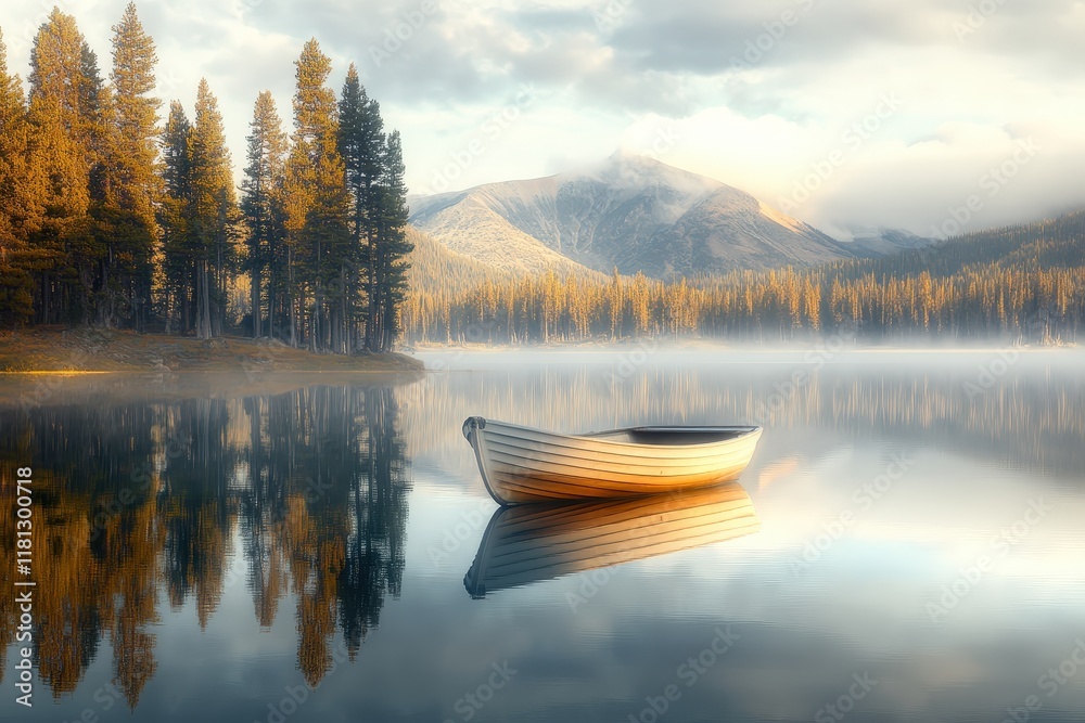 Serene Lake Scene with a White Boat and Majestic Mountains Reflected in Calm Waters Serene Lake Scene with a White Boat and Majestic Mountains Reflected in Calm Waters