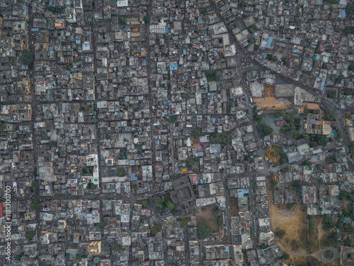Aerial view of beautiful urban landscape with dense rooftops and crowded streets, Jaipur, India.