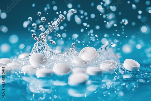 Soluble tablets with splashes of water in close-up on a blue background