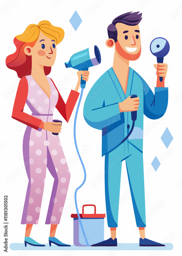 Couple in cozy loungewear styling their hair with hairdryers in a contemporary bathroom.
Couple in cozy loungewear styling their hair with hairdryers in a contemporary bathroom.