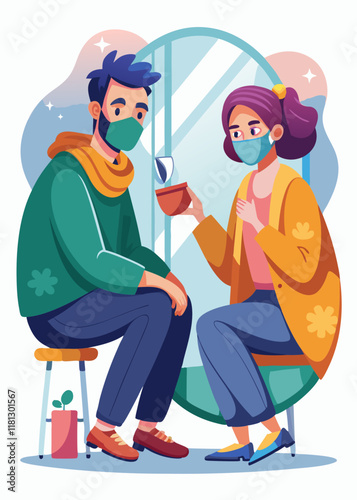 Couple wearing face masks and checking their face in mirror, young man and woman taking care of skin, modern lifestyle in vector illustration