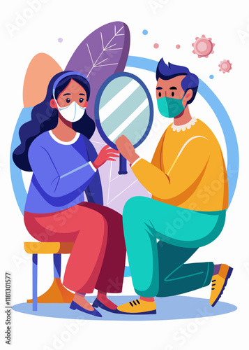 Couple wearing face masks and checking their face in mirror, young man and woman taking care of skin, modern lifestyle in vector illustration
